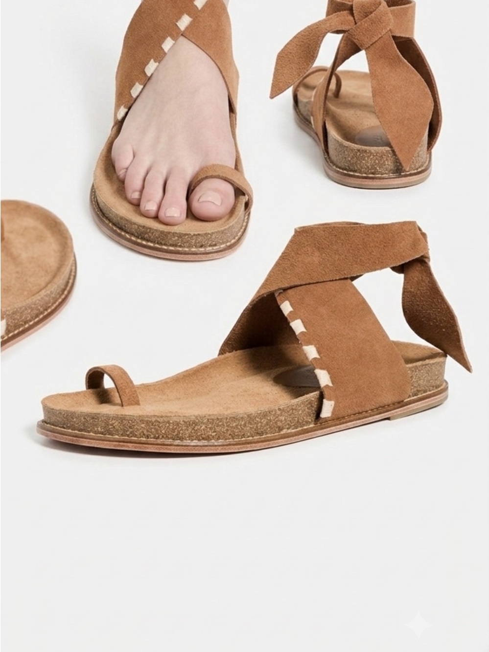 Johanna Ortiz Embroidered Suede Sandals Ankle Wrap Flat Sz 6.5 EU 37 New No Box
